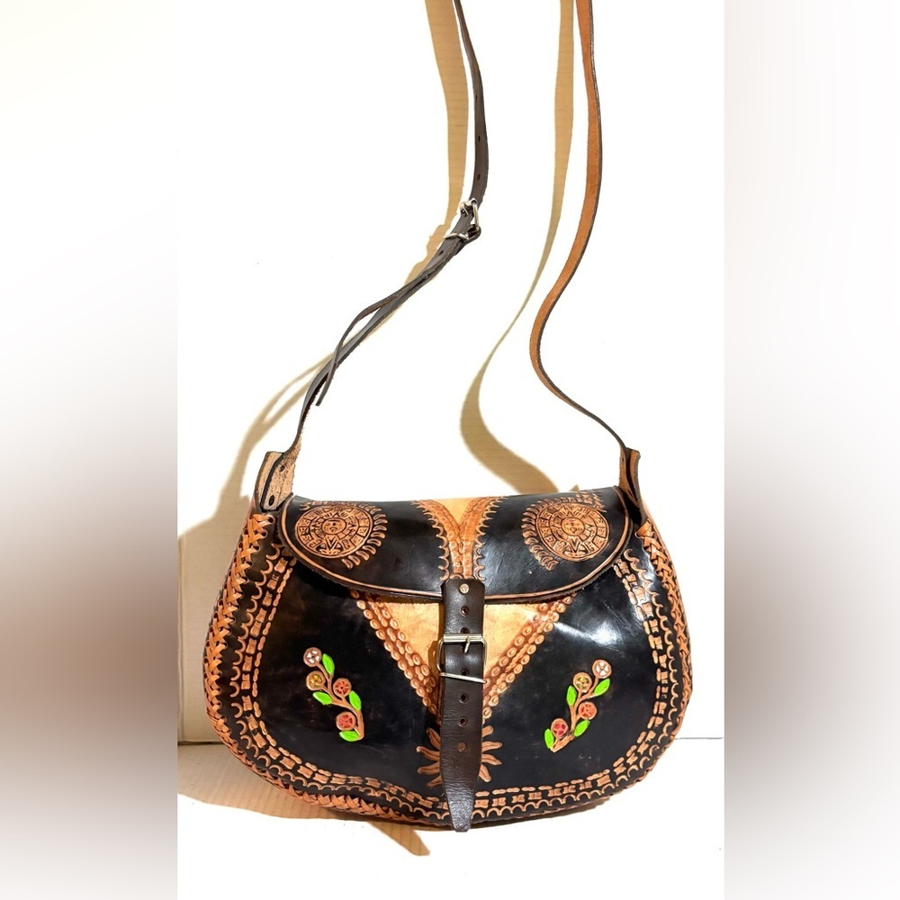 Vintage  handmade Black & Tan Tooled Leather Crossbody Bag with Green Accents